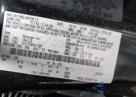 2012 Ford Focus Se z USA, uszkodzony, nr VIN 1FAHP3K24CL315357